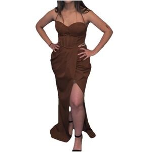 Pretty Little Thing Brown Corset Ruched Maxi Dress Size 8 Prom Dance Grad Racy